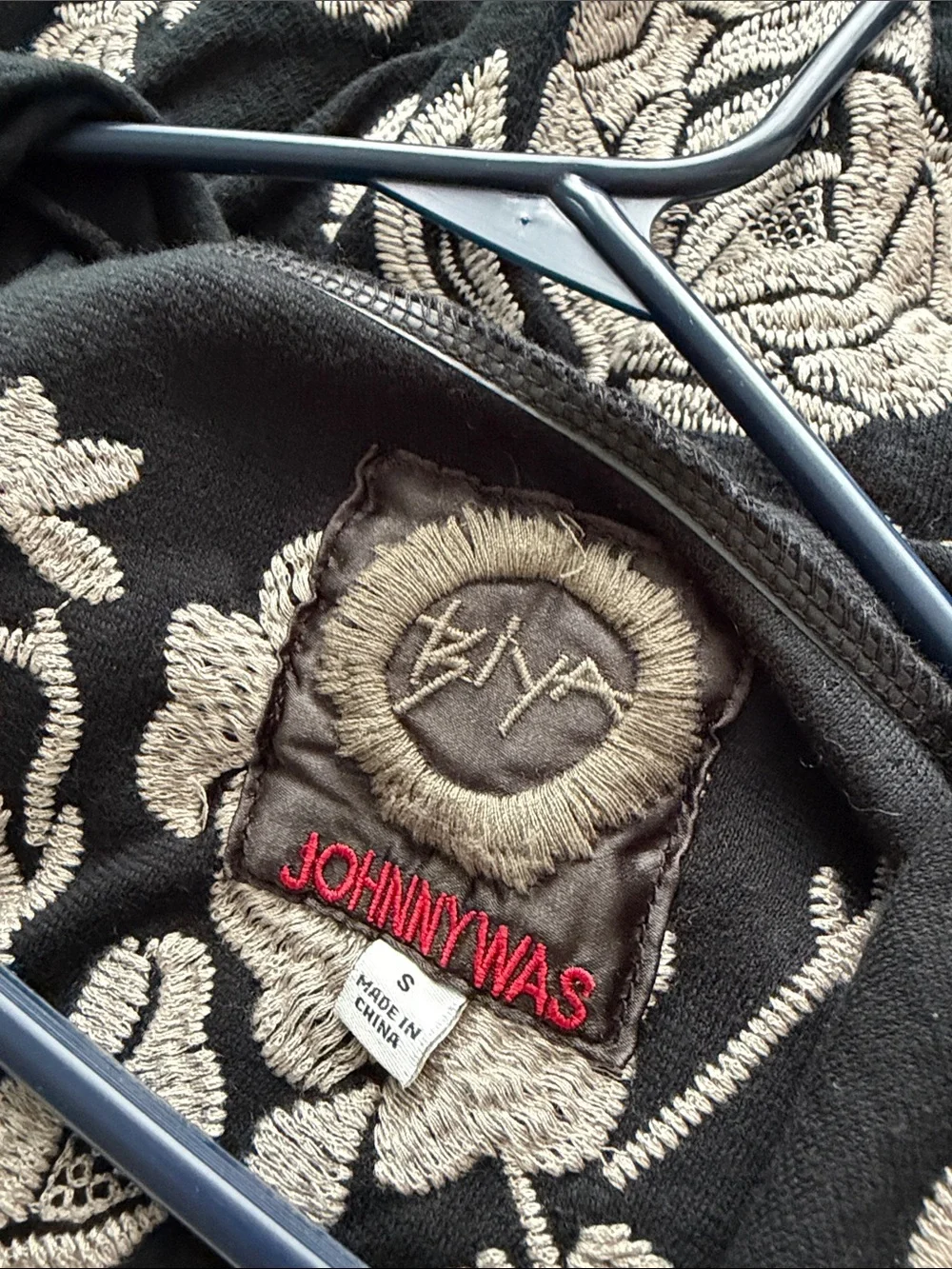 Johnny Was Lior Black Duster with Cream Floral Embroidery